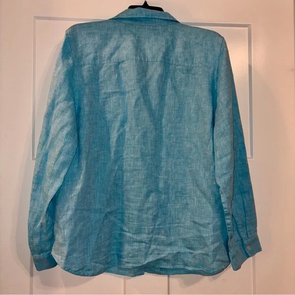 Chico’s 100% linen button down shirt Aqua Blue sz 16/18 - Picture 2 of 5